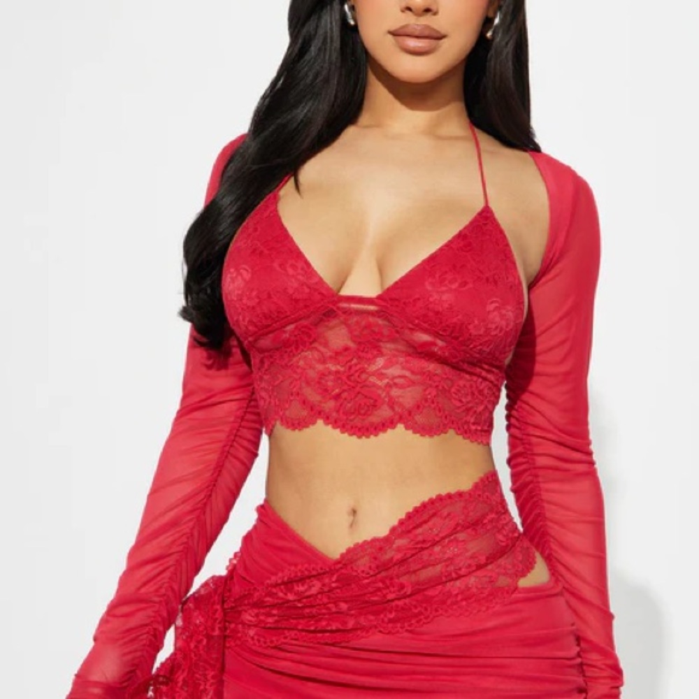 Red Lace Crop Top and Skirt Set